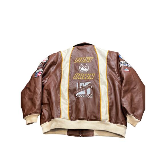First Down Mens Vintage Racing Gear Bomber Jacket Flight Brown Patches Size XXL - Picture 9 of 14